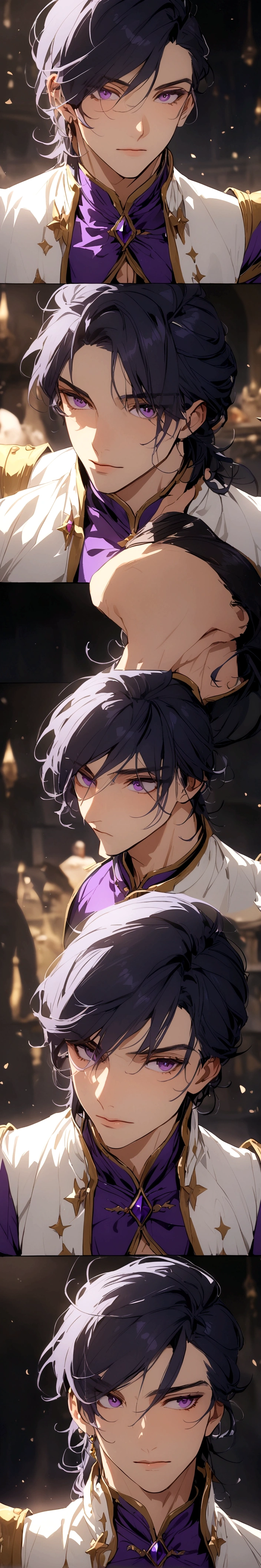 Dark blue hair, medium sized hair, stunning purple eyes, toned body, prince clothes, White, male