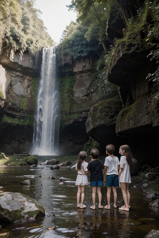 a alone woman.
The woman has short blonde hair The woman bathes under a waterfall rubbing her hair with her hands.
The woman has well-defined muscles.
The woman has her back turned and the water from the pool reaches her twins..