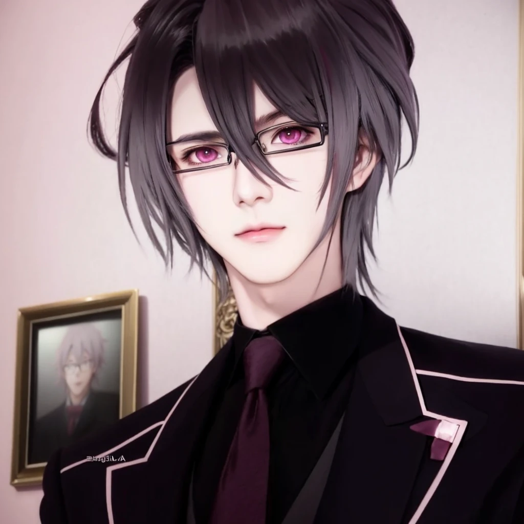 anime boy with dark grey hair and dark pink eyes in a suit, reiji sakamaki, diabolik lovers, anime guy with dark pink eyes, anime handsome man, with glasses, realistic, ultra details