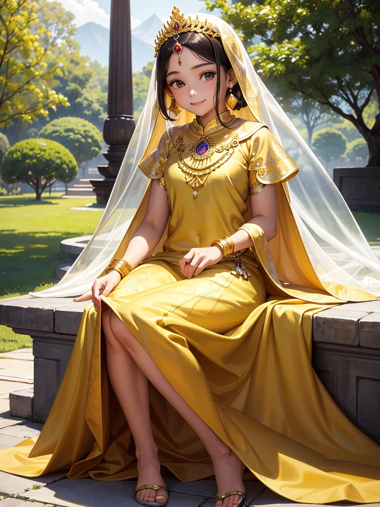A Masterpiece, Highest quality. Photorealism style oil painting of a Stunning Beauty Javanese Little Princess, about . Shyly smile. Wearing golden-white long hijab, batik long dress and golden long skirt. Traditional Javanese golden tiara. Javanese Imperial Park in the background. HD image, full body image, wide image, top to toes, very detailed anatomy, very detailed background.
