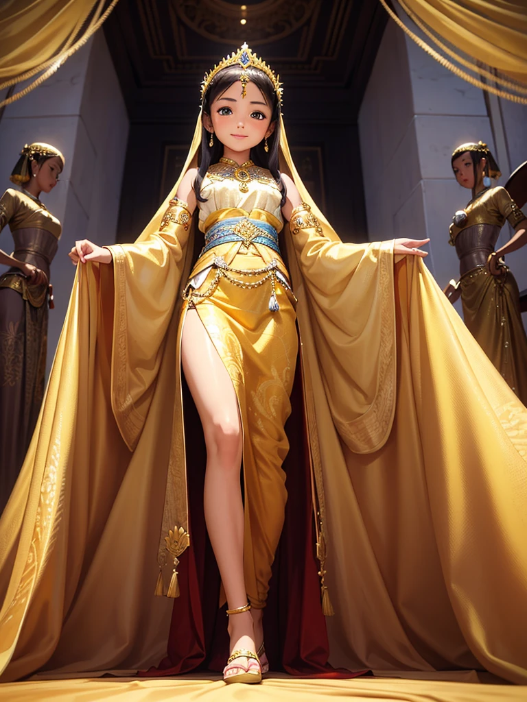 A Masterpiece, Highest quality. Photorealism style oil painting of a Stunning Beauty Javanese Little Princess, about 9 years old. Shyly smile. Wearing golden-white long hijab, batik long dress and golden long skirt. Traditional Javanese golden tiara. Javanese Imperial Park in the background. HD image, full body image, wide image, top to toes, very detailed anatomy, very detailed background.