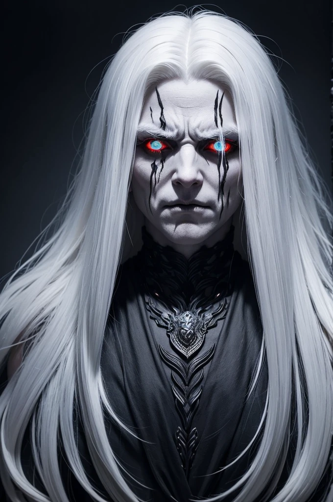 Create an image of a mythological being with the following characteristics: a completely covered mouth, glowing eyes, long and messy white hair, and a frightening expression. The being's face should convey a mix of terror and mystery. Use a dark color palette to accentuate the eerie and supernatural atmosphere