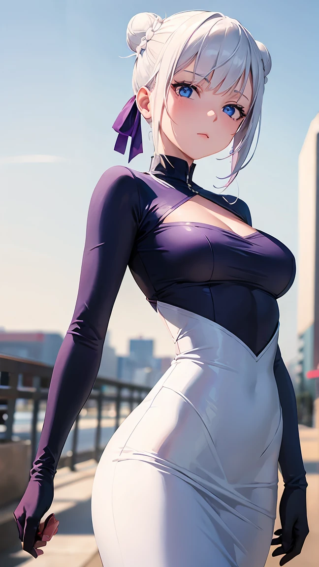 Girl1,alone,cowboy shot,round face,blue eyes,white hair,double bun hairstyle,purple Pencil dress,highly detailed,HD