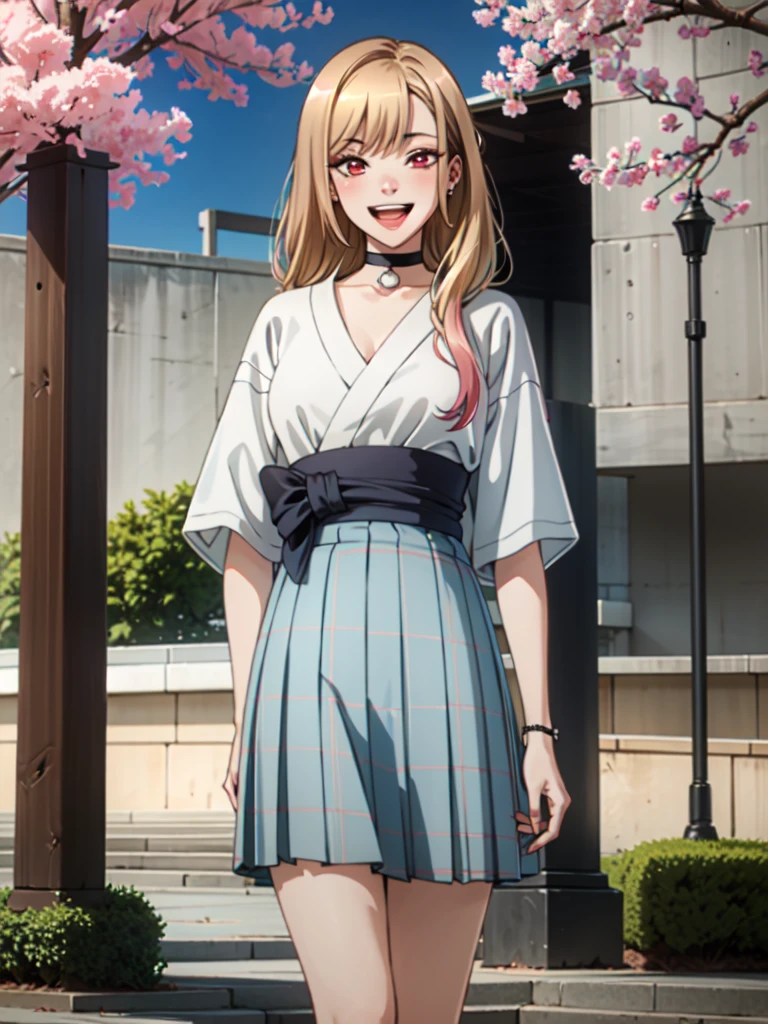 yukata, japan, cherry blossoms, best quality, (masterpiece:1.2), detailed, kitagawa marin sb, 1girl, solo, open mouth, grin, smile, long hair, blonde hair, red eyes, multicolored hair, earrings, wearing a white Real Madrid tshirt, choker, white Real Madrid tshirt, pleated skirt, blue skirt, standing, looking at the viewer, outdoors,