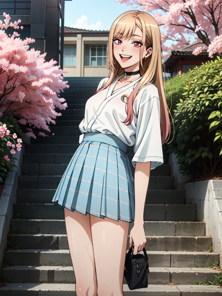  yukata, japan, cherry blossoms, best quality, (masterpiece:1.2), detailed, kitagawa marin sb, 1girl, solo, open mouth, grin, smile, long hair, blonde hair, red eyes, multicolored hair, earrings, wearing a white Real Madrid tshirt, choker, white Real Madrid tshirt, pleated skirt, blue skirt, standing, looking at the viewer, outdoors,