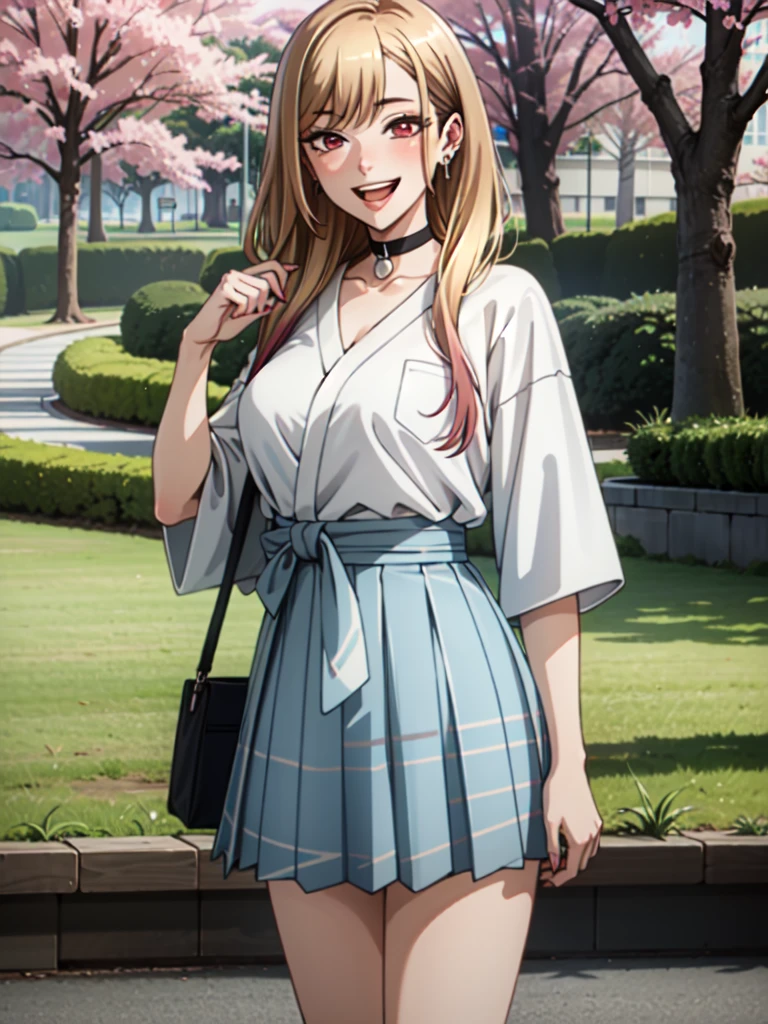 yukata, japan, cherry blossoms, best quality, (masterpiece:1.2), detailed, kitagawa marin sb, 1girl, solo, open mouth, grin, smile, long hair, blonde hair, red eyes, multicolored hair, earrings, wearing a white Real Madrid tshirt, choker, white Real Madrid tshirt, pleated skirt, blue skirt, standing, looking at the viewer, outdoors,