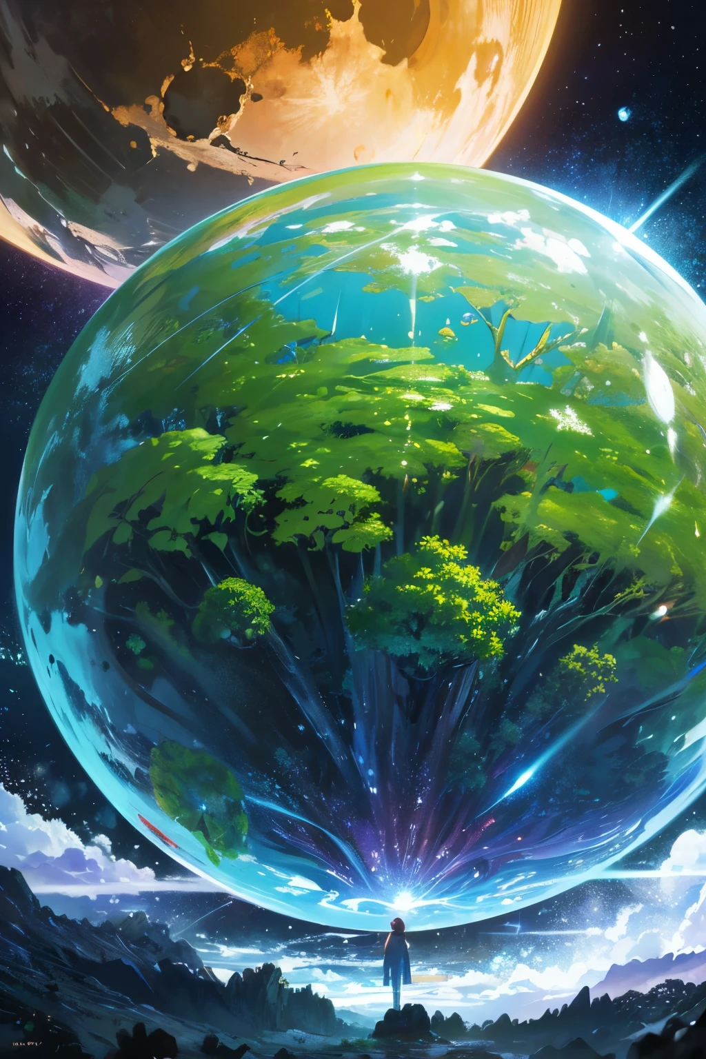 (((masterpiece))) (((Highest quality))) Glass sphere, close-up of a planet with a bunch of trees on it, overgrown planet, green planet, Fractal World, A lush world of fantasy, fantasy planet, Dyson sphere, pink planet, 3D rendering beep, planetary landscape, round planet inspired by Jofra Bosschart, planet, Future World, psychedelic flower planets, Mysterious World, (Outward radiance)