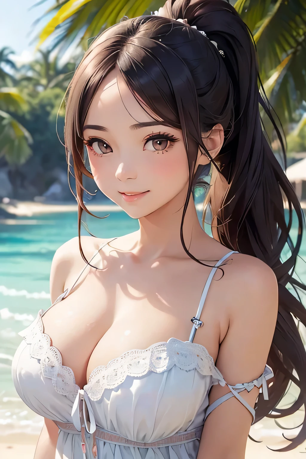 (((medium full shot))), (best quality, ultra-detailed:1.3), (nice hands, perfect hands), official art, (1girl:1.3), adulthot girl, exposed shoulders, from behind, beautiful face, thick eyelashes, glossy eyes, black hair, (cute smile), dark eyeshadow, shoulders tattoos, back tattoos, floral decoration in hair, falling petals, beautifully backlit, wideshot, lake background,photo, raw, realistic