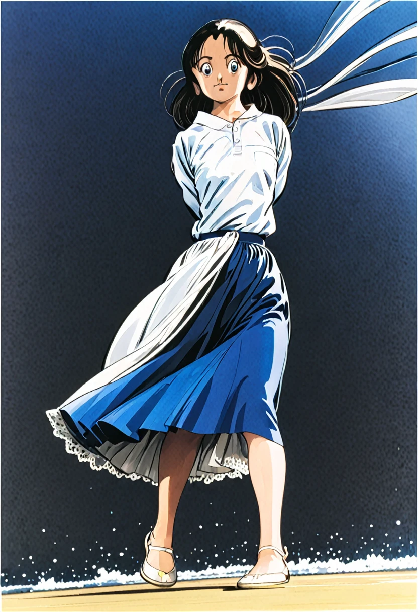音無響子制服のLong skirt、The color is dark blue、
Low - Angle、制服のLong skirt、The color is dark blue、
Low - Angle、Long skirt、Hold down your skirt that is being blown up by the strong wind、Anime white panties in a strong wind、Crotch is visible
ローレグのパンツ、Color: White、
Crotch is visible、
、Lined、White lace lining、
