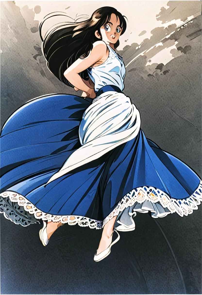音無響子制服のLong skirt、The color is dark blue、
Low - Angle、制服のLong skirt、The color is dark blue、
Low - Angle、Long skirt、Hold down your skirt that is being blown up by the strong wind、Anime white panties in a strong wind、Crotch is visible
ローレグのパンツ、Color: White、
Crotch is visible、
、Lined、White lace lining、