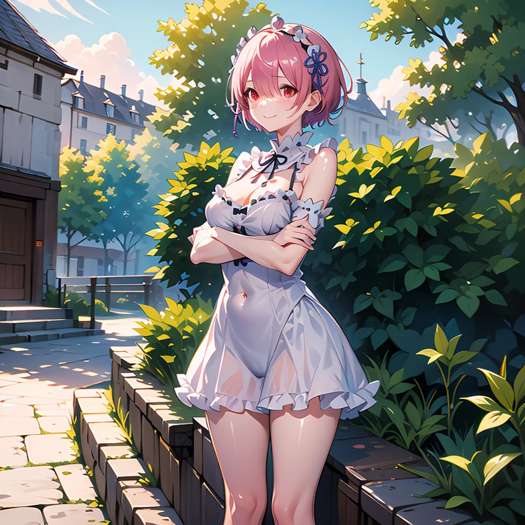 masterpiece, best quality, highres, ram1, 1girl, solo, rem \(re:zero\), pink hair, short hair, red eyes, round glasses, hair over one eye, ribbon trim, hair ribbon, x hair ornament, frills, loose tank top, see trough, nipples, wet tank top, blue panties, wet panties, cameltoe, medium breasts, cleavage, sweating, hair flower, outdoor s, standing, smile, perfect background, perfect light