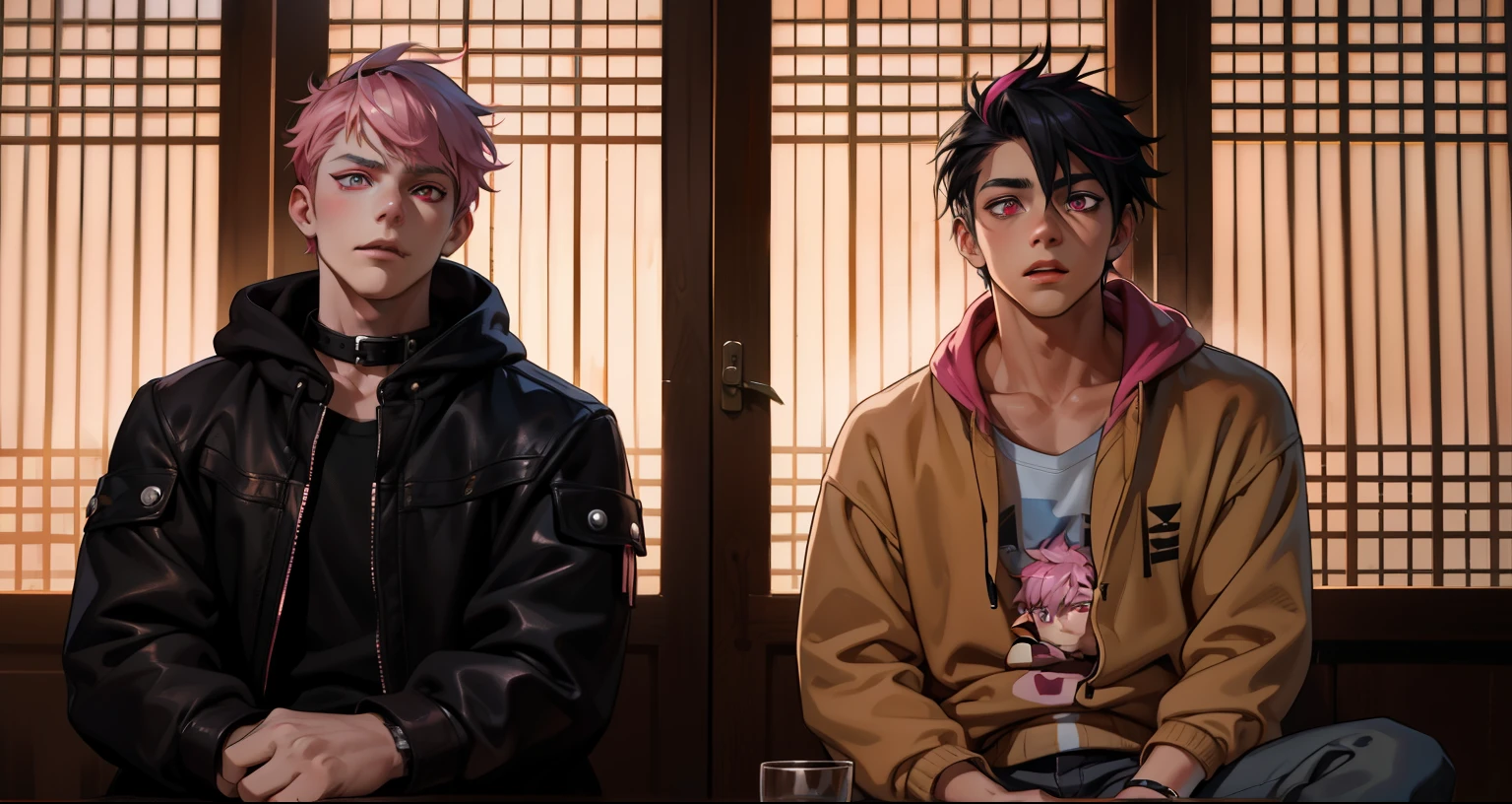 two boys with pink hair, pink eyes, they are 18 years old, they have a black cloth band on their heads.