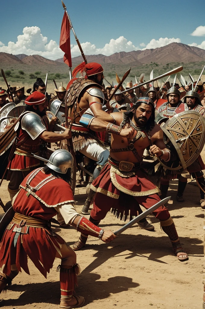 Mexica warrior fighting with Hernán cortés
