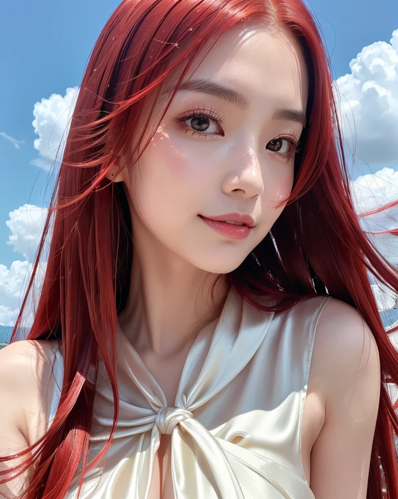 (Highest quality, 32k, High resolution, Masterpiece:1.5, ), marimo_jet, god々A photograph with brilliant dazzling and healing power., Evoking a sense of calm and elusive beauty, Expressing emotions, Have a rich imagination, Beautiful Japanese Girls, ((Low - Angle:1.4)), An exceptionally beautiful face, Small Face Beauty, Perfect Human ???????, Magical big eyes, Motherhood and generosity, Deep Love, fleeting smile, ((Shiny Red Hair:1.4)), Super long straight silk hair swaying in the wind, Asymmetrical bangs, Hair between the eyes, Transparent, soft white skin, Sharp eyebrows, Thin lashes, Natural Makeup, Cheek highlighter, Lips with fine detail, (White see-through camisole:1.4), High resolutionの完璧な鎖骨, High resolutionの美しい胸元, Slim figure with ample breasts, High resolutionの美しい太もも, ((Beautifully detailed skies:1.2)), ((Vibrant petal effect:1.3)), Professional photographer, Professional Lighting, Professional models, god秘的