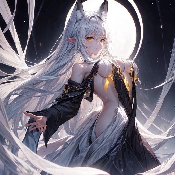 Darkness enveloped the world, but those eyes shone like lost stars. The black background of the image looked like an empty screen, waiting to be filled with the story behind that enigmatic look.
The character, half human and half fox, was at the center of the composition. Your pointy ears, fox-like, they were big and curved, as if capturing secrets whispered by the night wind. The tips of the ears had a touch of pink, a soft contrast to the black of the scales that covered his skin.
His hair was a cascade of white and gray strands., wild and elegant at the same time. It seemed to have a life of its own, dancing with the invisible wind. one eyes, yellow like gold, peeked through the strands of hair, while the other remained partially hidden, creating a mystery that intrigued those who observed it.
In the character's shoes, an intricate tattoo design stretched across the arm. Vibrant flowers and exuberant colors intertwined, telling a story that only he knew. Each petal seemed to contain a secret, a memory, a promise.
The smile on the character's lips was almost imperceptible., but it was there. It was a smile of someone who knew more than he revealed., of those who carried the weight of many lives. The look, although, That was what intrigued me the most.. Deep and penetrating, as if he could see beyond the visible, Beyond Time.
It was difficult to tell if the character was a guardian or watchman., Hero or Villain. Maybe it was all that and none of that. The image seemed frozen in an eternal moment, on the verge of a crucial decision. What he was looking for? What protected? Who was he really?
The black scales, the colorful tattoo, the yellow eyes... everything was intertwined in an enigma that could only be unraveled through words. and so, with two thousand of them, the story began to unfold, revealing secrets, passions and mysteries that echoed in that look.