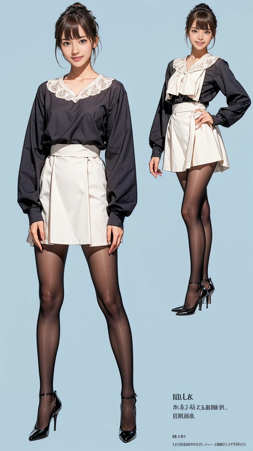 ((masterpiece)),(((Highest quality))),((Character design sheet)),Thin thighs,Long legs,Bunny girl in a light blue maid outfit:1.5，Wearing light blue tights:1.5，The best smile:1.5，Full Body Shot:1.5，Gray background:1.5，Wearing black high heels:1.5，short side wave:1.5，