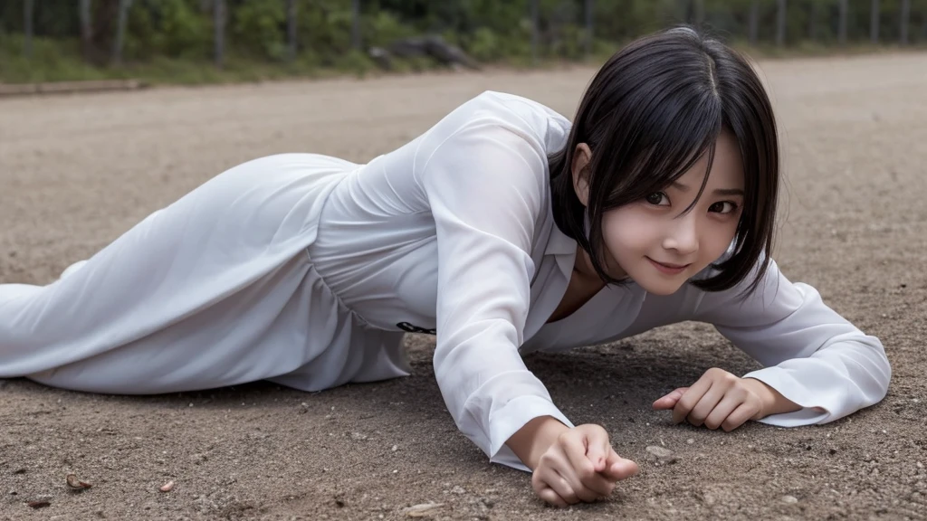 It was a ghost of the woman without a lower part of the body that appeared from darkness. She faced Shota with the wonderful speed while crawling on the ground using an elbow. Her face was pale, and the eyes were vacant, and a weird smile appeared on the lips.horror、dark
