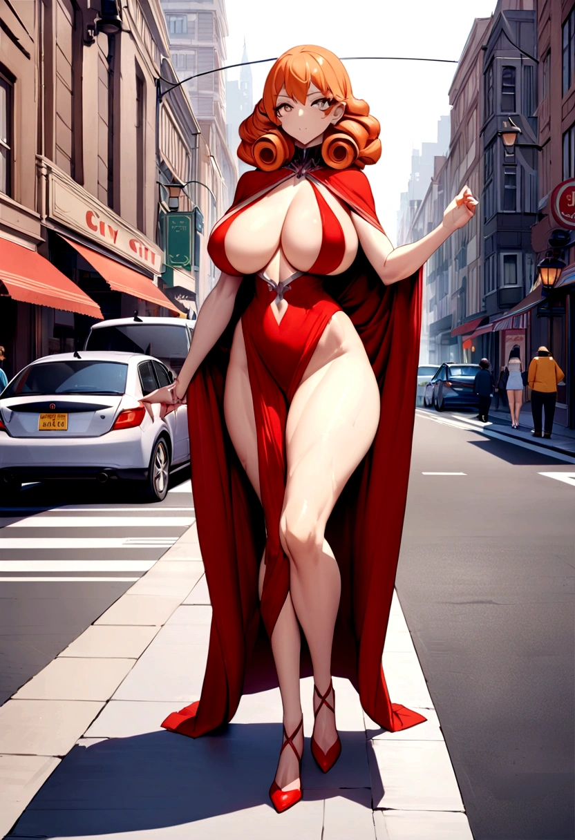 Full body like,United States,curlies,Orange hair,athlete,Red cloak clothes,perfect figure beautiful woman, huge tit,Highly detailed facial and skin texture,A detailed eye,double eyelid ( City street:1.1)