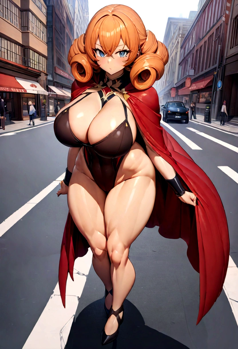 Full body like，United States，curlies，Orange hair，athlete，Red cloak clothes，perfect figure beautiful woman, huge tit，Highly detailed facial and skin texture，A detailed eye，double eyelid ( City street:1.1)