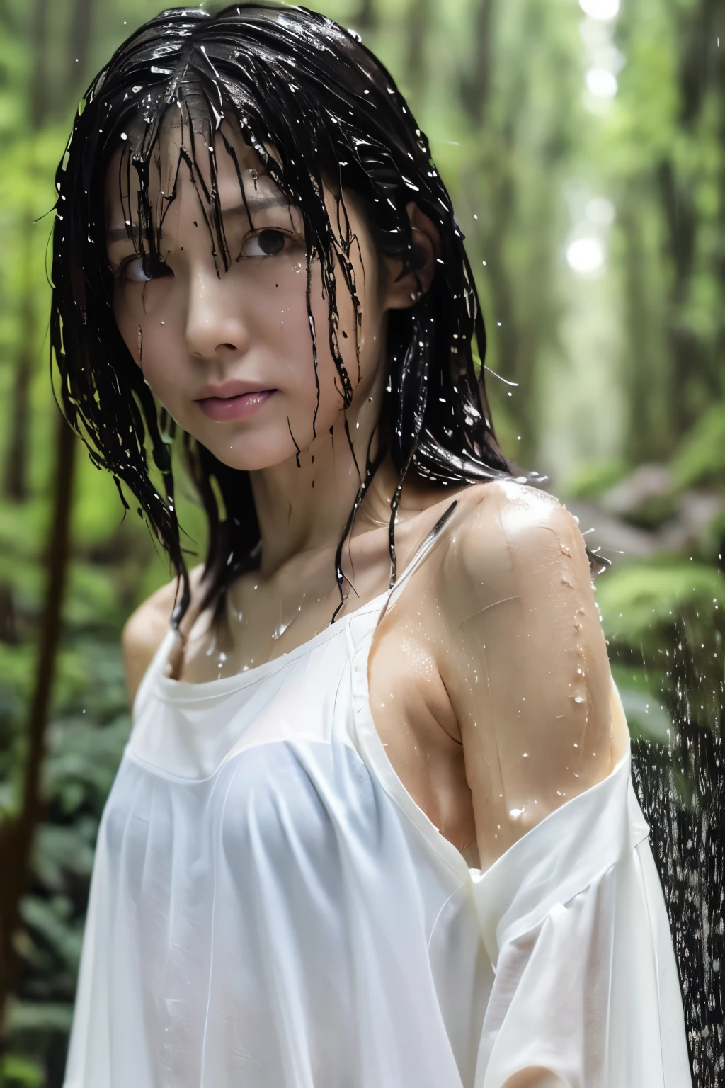 Best Image Quality, masterpiece, Ultra high resolution, (loyalty :1.4), Skinny Japanese woman, 1 girl, detailed face, detailed eyes, correct human body structure, dim, Dark, Tears, Tearsdrop, (White tight shirt), (wet soaked clothes sticking to the body:1.4), bare shoulders, wet hair, torrential rain, in the forest, 