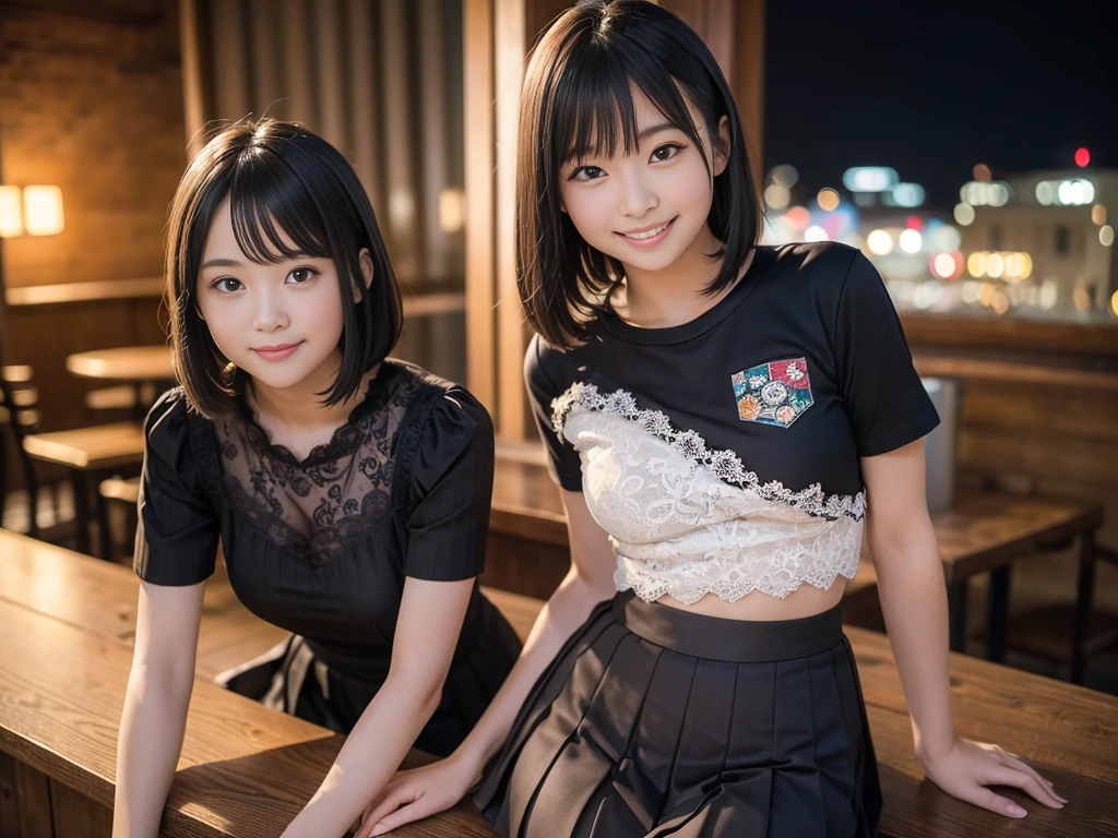 (Highest quality, masterpiece, Ultra-high resolution, 8K, RAW Photos, Realistic, Anatomically correct:1.5), (Stainless steel round bar fence:1.0, Put your elbow on the fence:1.2, high school girl、20-year-old girl:1.2, Embarrassing, avert your eyes, blush:1.0, View Viewer, ((bar)) 、Night view、 Light:1.2, Bokeh, Cinema Lighting:1.0, Depth of written boundary, sharp、 Cute face、Idol、Black short sleeve lace top、Black pleated skirt、Black clothing、”dwarf”、(Floral clothes)、Full Body Shot、Cowboy Shot、(( smile))、(Ultra short hair、Straight Hair)、(Straight bangs)、