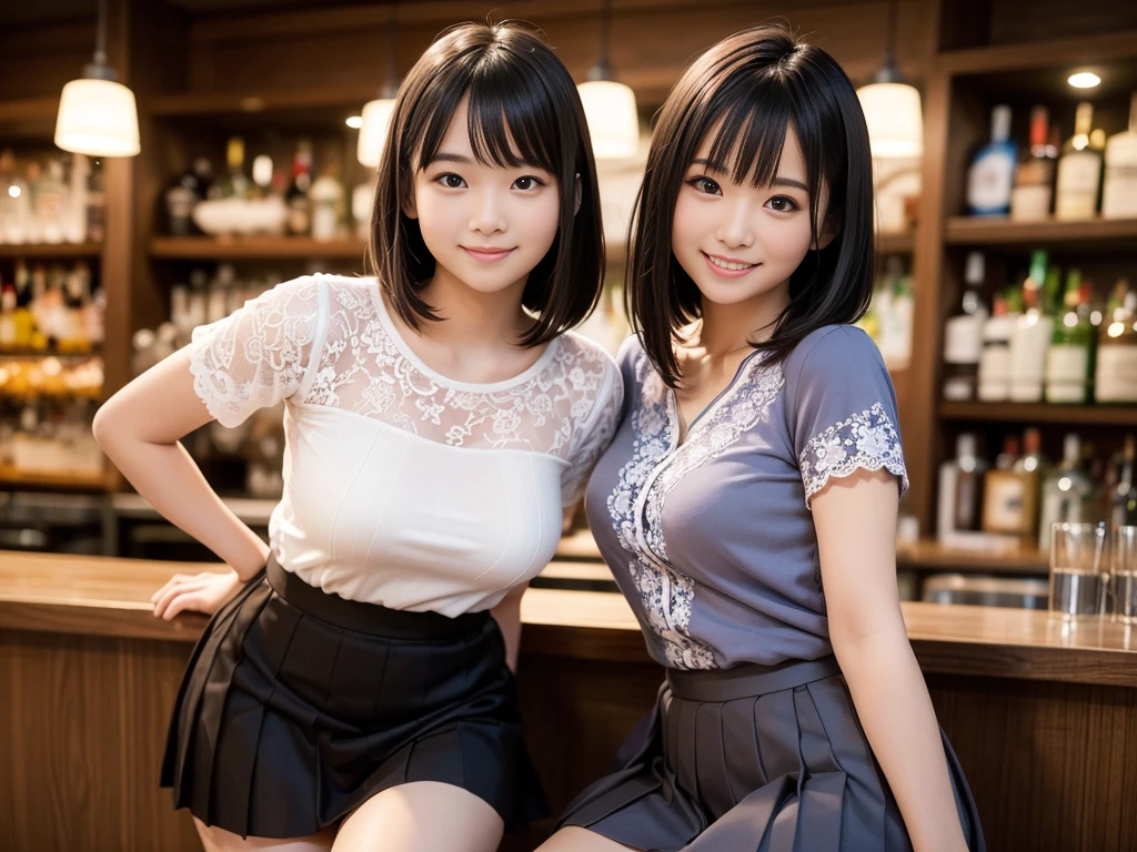 masterpiece, Highest quality, figure, Very detailed, The finer details, High resolution, 8k,wallpaper, Perfect dynamic composition,(Detailed high quality, Realistic depiction of eyes:1.3), (Three Girls),(Waitress Uniform), Seraphim, Short Bob Hair, In the background is an empty restaurant, Deep in the field, Large Breasts, Black hair color, Big Natural Color Lip, (Perfect figure), (smile)、Harajuku Style、Elementary school girl in Japan:1.3), Adorable expression、Expressions of happiness、10 years old、height: 145cm、Baby Face、Amazingly cute、Cute type、Beautiful feet, Idol Sculpture、Big Breasts、Erect nipples