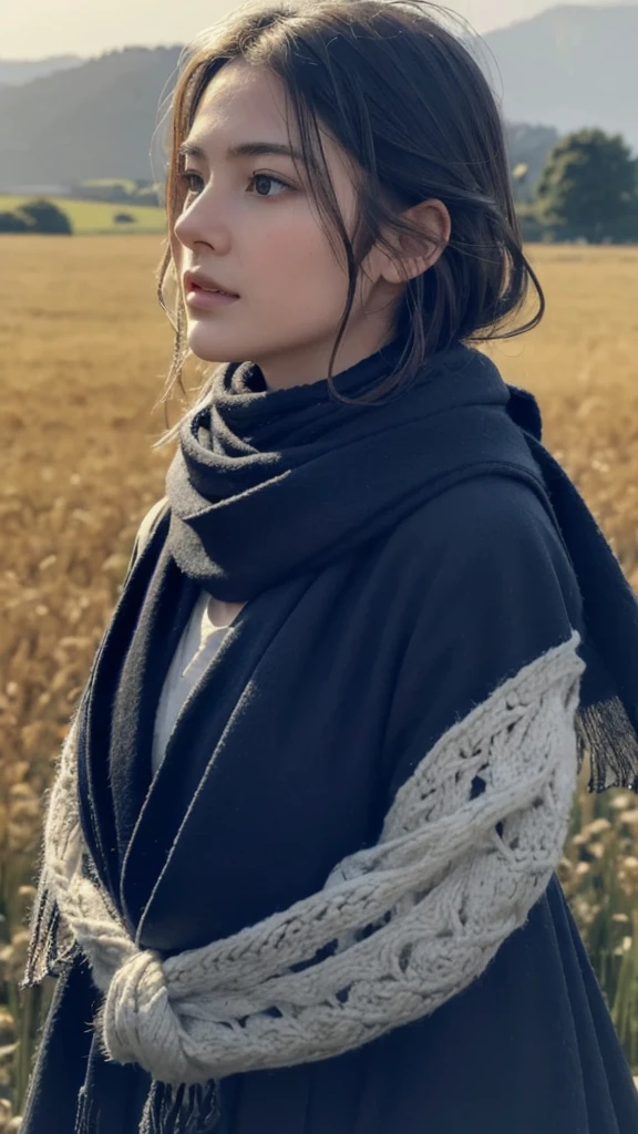 8k, best quality, masterpiece, realistic, ultra detail, photo realistic, Increase quality, 
a photo of a girl standing in a field with a scarf, in the style of dark and brooding designer, voluminous mass, photobash, serene faces, jagged edges, navy, natural beauty, close-up shot
