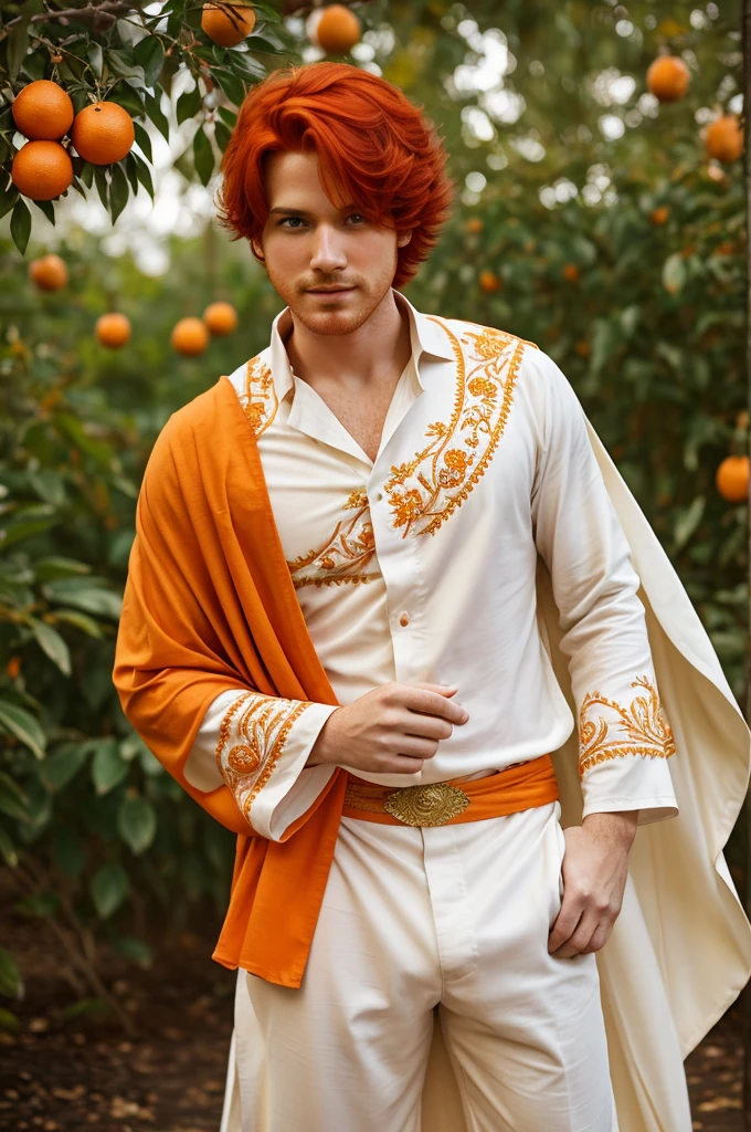 Adult boy with red hair with oranges, his honey eyes, his white skin and a few scattered freckles on his nose.
wide pants that look light orange Indian, a white long-sleeved flannel a light orange cape with gold embroidery
