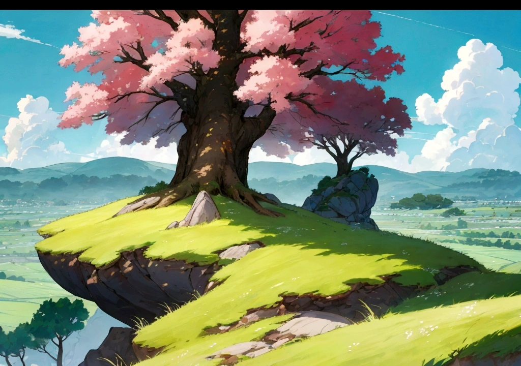 anime - style painting of a tree in a grassy field with rocks, anime countryside landscape, anime landscape, anime landscape wallpaper, anime background art, beautiful anime scenery, anime background, anime beautiful peace scene, anime scenery, anime movie background, anime nature, anime scenery concept art, colorful anime movie background, beautiful anime scene, anime scene, beautiful landscape background
