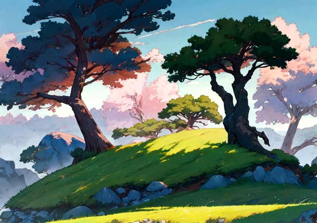 
anime - style painting of a tree in a grassy field with rocks, anime countryside landscape, anime landscape, anime landscape wallpaper, anime background art, beautiful anime scenery, anime background, anime beautiful peace scene, anime scenery, anime movie background, anime nature, anime scenery concept art, colorful anime movie background, beautiful anime scene, anime scene, beautiful landscape background