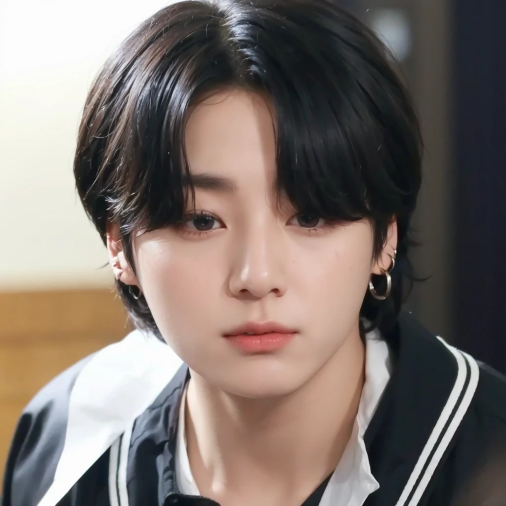 Kpop boy, Jeon Jungkook, smooth skin, big eyes, beautiful lips. 