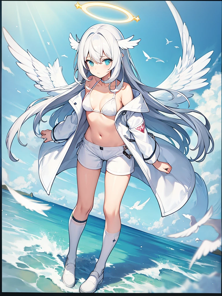 White bikini, knee socks, white wing, Angel, twin tale, concept art, full body, fashion coat, short pants, wing on head, halo