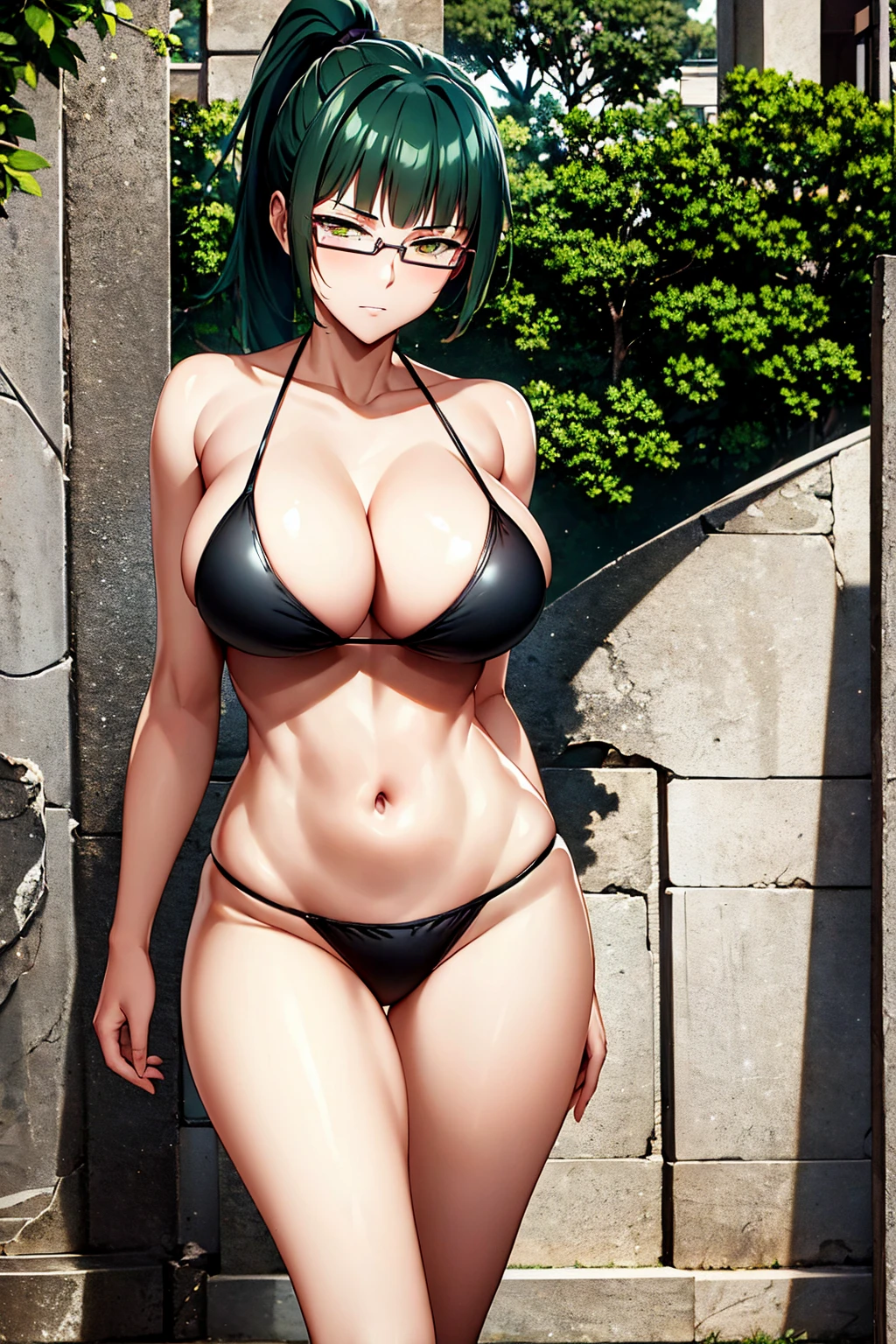 ZeninMakiNDV, 1girl, green hair, yellow eyes, large breasts, ponytail, glasses, bikini, ojos perfectos, ojos definidos, ojos amarillos