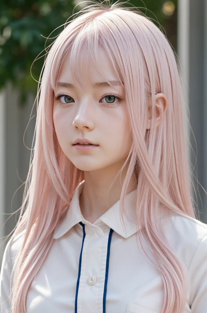 delicate face, animated face, By Kohei Horikoshi, Upper part of the body, Human, girl, two hands, soft pink eyes, very long white and neat hair, pale skin, MHA uniform, high quality, ultra detailed, dynamic poses, front angle, beautiful light and shadow, detailed decoration, detailed lines
