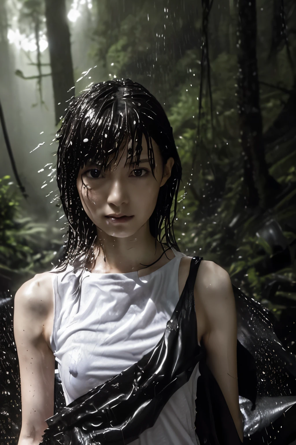 Best Image Quality, masterpiece, Ultra high resolution, (loyalty :1.4), Skinny Japanese woman, 1 girl, detailed face, detailed eyes, correct human body structure, dim, Dark, Tears, Tearsdrop, (White tight shirt), (wet soaked clothes sticking to the body:1.4), bare shoulders, wet hair, torrential rain, in the forest, 