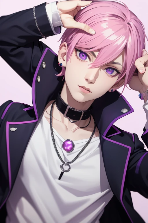 Gumball Handsome 18 year old boy with pale pink hair, pale pink skin, pierced ears, purple eyes, pale purple open jean vest, white shirt with candy print, black belt, red jeans, necklace with blue gem, looking directly at the viewer. a white background.