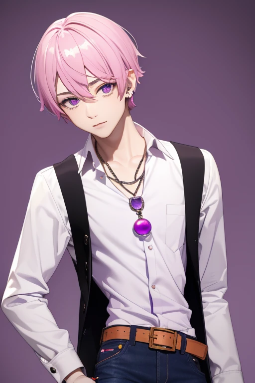 Gumball Handsome 18 year old boy with pale pink hair, pale pink skin, pierced ears, purple eyes, pale purple open jean vest, white shirt with candy print, black belt, red jeans, necklace with blue gem, looking directly at the viewer. a white background.