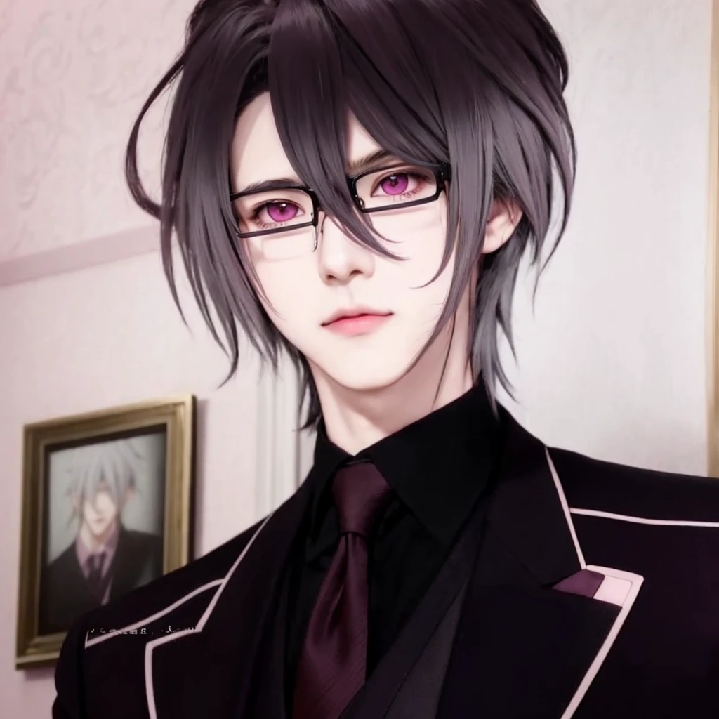 anime boy with dark grey hair and dark pink eyes in a suit, reiji sakamaki, diabolik lovers, anime guy with dark pink eyes, anime handsome man, with glasses, realistic, ultra details