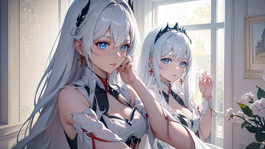 1girl, long_hair, beautiful detailed eyes, beautiful detailed lips, extremely detailed face, longeyelashes, maid, posing, selfie shot, mirror, window, radiant skin, natural lighting, soft colors, dreamy, serene, (best quality,4k,8k,highres,masterpiece:1.2),ultra-detailed,(realistic,photorealistic,photo-realistic:1.37)