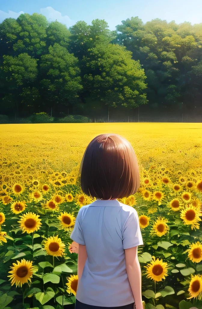 (masterpiece, 最high quality, high quality, High resolution:1.4)Hayao Miyazaki,Back view,Children,Sunflower field