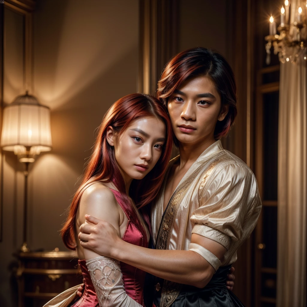 1 Asian gay couple, 1 short Asian man with shoulder-length red hair and pink eyes wearing sensual clothes, 1 tall Asian albino young man with long silver hair down to his waist wearing expensive black Victorian-style clothes, intimate embrace, loving expression, photorealistic, 4k, ultra-detailed, hyper-realistic, cinematic lighting, vibrant colors, intricate details, masterpiece, (best quality,4k,8k,highres,masterpiece:1.2),ultra-detailed,(realistic,photorealistic,photo-realistic:1.37),extremely detailed eyes and face,longeyelashes,beautiful detailed eyes,beautiful detailed lips,elegant,romantic,atmospheric,dramatic