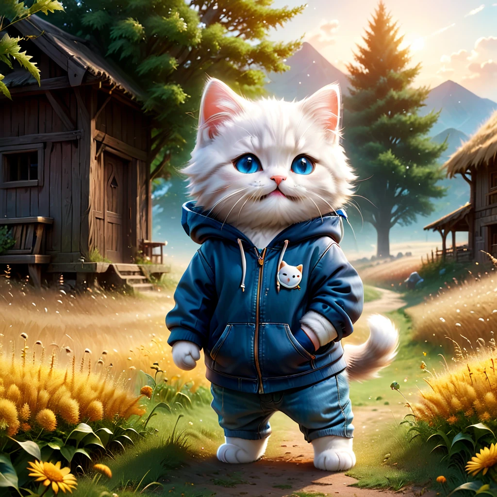 best quality, detailed, hyper detailed, beautiful, 8K, absurdres, village, a kitty, happy, smiling, standing, looking to the right, white hair, blue eyes, chibi, plump, hoodie, jeans, , in the grassland, in the afternoon, fantasy, photorealistic, ultra realistic photo, 3D render, anthropomorphism, full body shot, on right, wide view, rule of thirds, midday, shining lights, dramatic lighting, volumetric lighting, depth of field, dramatic contrast, DarkGoldenrod