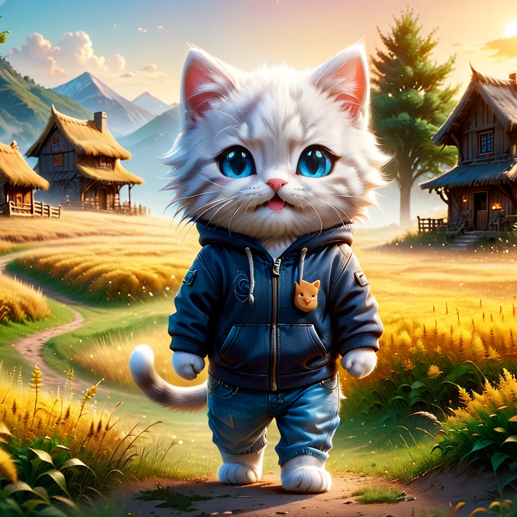 best quality, detailed, hyper detailed, beautiful, 8K, absurdres, village, a kitty, happy, smiling, standing, looking to the right, white hair, blue eyes, chibi, plump, hoodie, jeans, 5-year-old, in the grassland, in the afternoon, fantasy, photorealistic, ultra realistic photo, 3D render, anthropomorphism, full body shot, on right, wide view, rule of thirds, midday, shining lights, dramatic lighting, volumetric lighting, depth of field, dramatic contrast, DarkGoldenrod