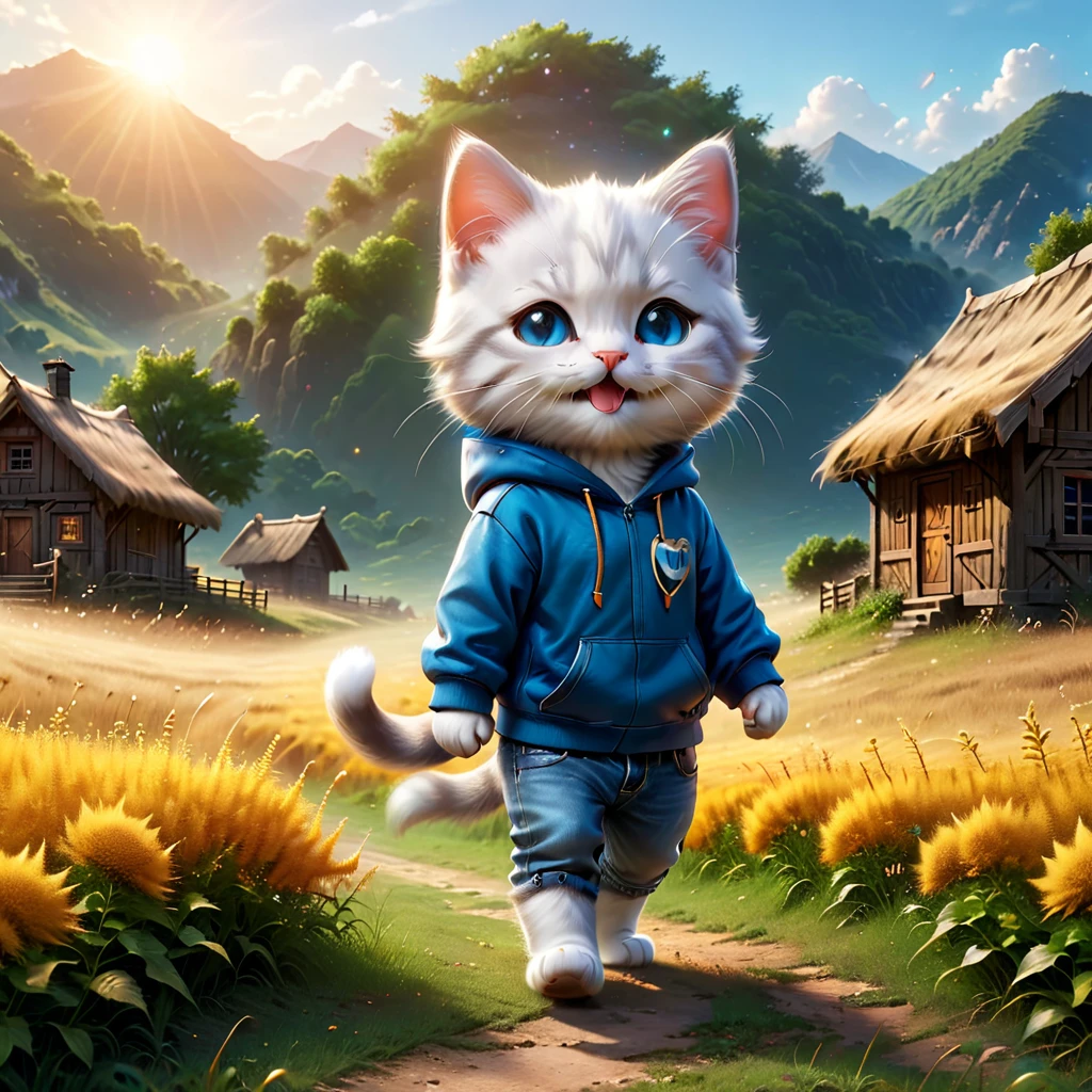 best quality, detailed, hyper detailed, beautiful, 8K, absurdres, village, a kitty, happy, smiling, standing, looking to the right, white hair, blue eyes, chibi, plump, hoodie, jeans, 5--old, the grassland, in the afternoon, fantasy, photorealistic, ultra realistic photo, 3D render, anthropomorphism, full body shot, on right, wide view, rule of thirds, midday, shining lights, dramatic lighting, volumetric lighting, depth of field, dramatic contrast, DarkGoldenrod