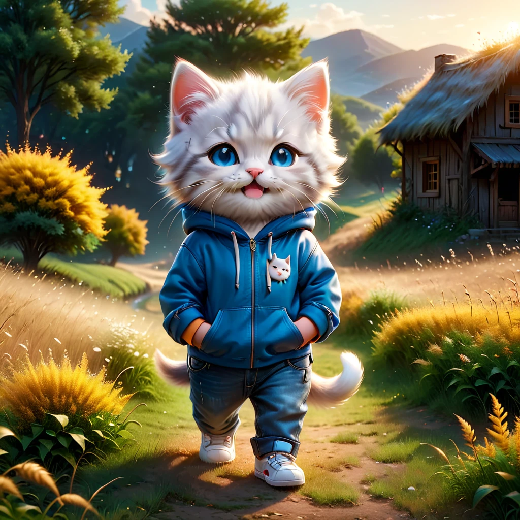 best quality, detailed, hyper detailed, beautiful, 8K, absurdres, village, a kitty, happy, smiling, standing, looking to the right, white hair, blue eyes, chibi, plump, hoodie, jeans, 5-year-old, in the grassland, in the afternoon, fantasy, photorealistic, ultra realistic photo, 3D render, anthropomorphism, full body shot, on right, wide view, rule of thirds, midday, shining lights, dramatic lighting, volumetric lighting, depth of field, dramatic contrast, DarkGoldenrod