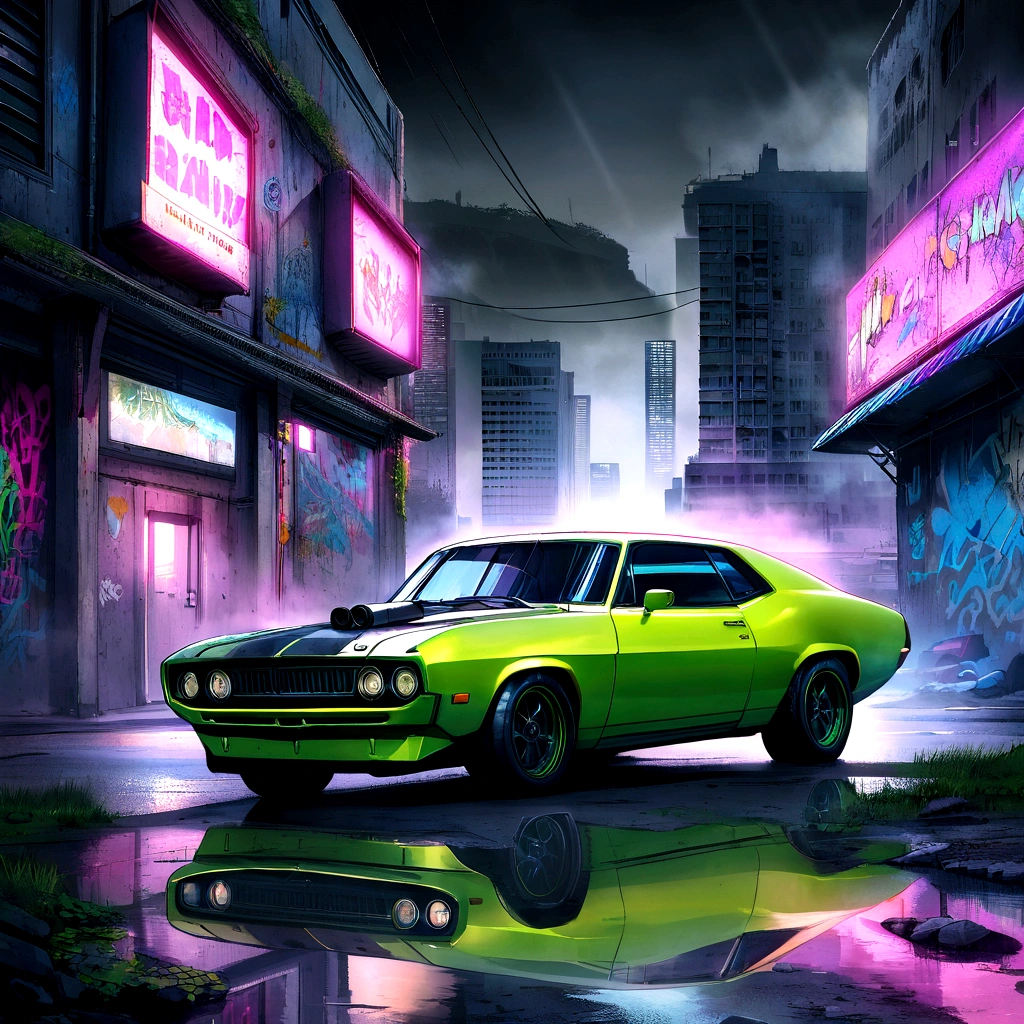 colorful muscle car, greyed out dystopian city, blowing colors out of its tailpipe, give color back to the city, illustration, ultra-detailed, realistic, vibrant colors, studio lighting, urban landscape, high-res, HDR, dynamic lighting, smoke, smog, abandoned buildings, graffiti, cyberpunk aesthetics, neon lights, futuristic technology, rain-soaked streets, shadows, reflection, speed, motion blur, intensity, urban decay, steel, concrete, asphalt, darkness, contrast, heat haze, shining surfaces