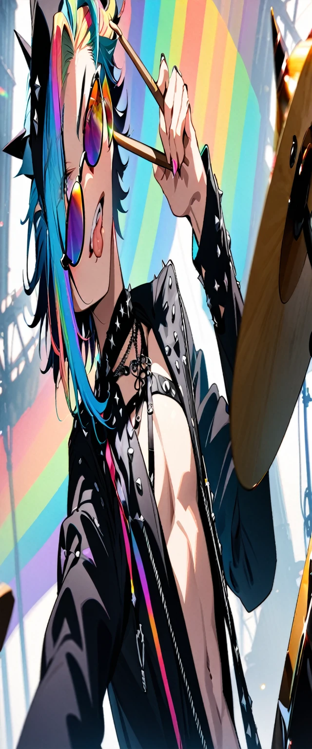 (((masterpiece,Highest quality))),(((A male anime character wearing a revealing enamel visual kei outfit with sunglasses and a multi-colored, spiky hairstyle, sitting at a drum set))),((Wearing a small hat at an angle)),((Fortress-like drum set)),(((Sticking out his tongue and holding up drumsticks))),Focus on the upper body,(high quality),アニメ,rainbow highlights hair,Artist photo style pose