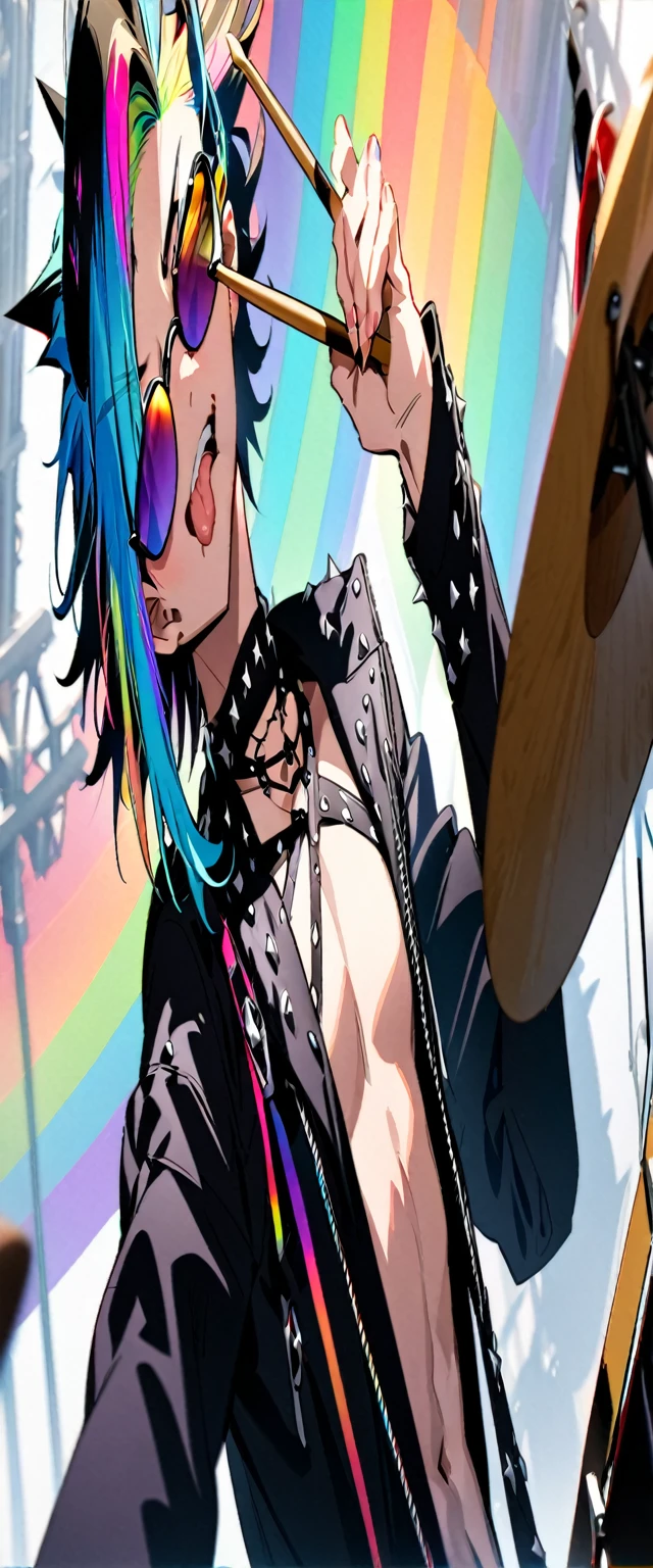 (((masterpiece,Highest quality))),(((A male anime character wearing a revealing enamel visual kei outfit with sunglasses and a multi-colored, spiky hairstyle, sitting at a drum set))),((Wearing a small hat at an angle)),((Fortress-like drum set)),(((Sticking out his tongue and holding up drumsticks))),Focus on the upper body,(high quality),アニメ,rainbow highlights hair,Artist photo style pose