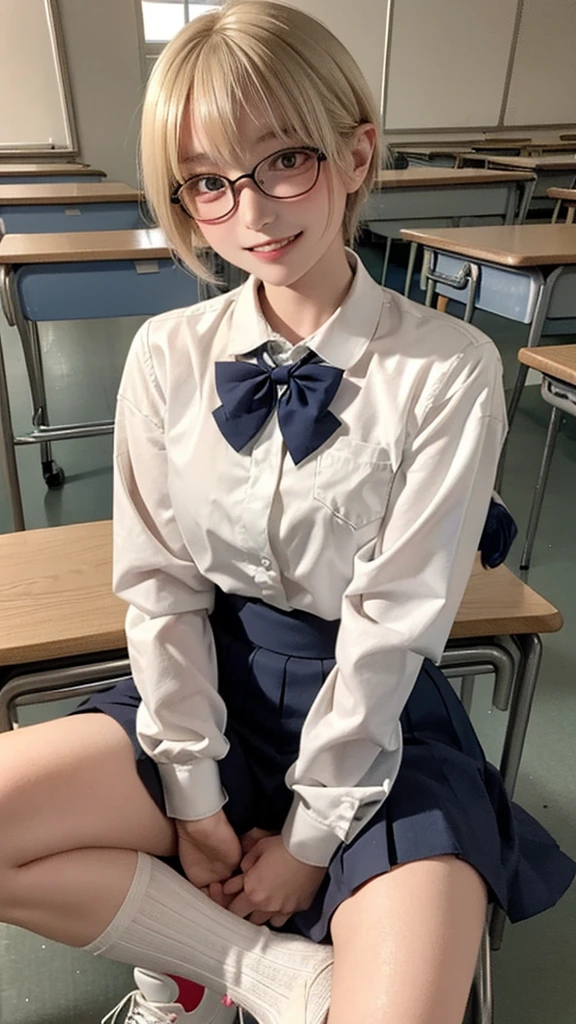 ((Inside the school,inside the classroom)),desk,chair,one 18-aged girl, blonde ピクシーショートhair, sitting on the chair, spreading her legs,wearing glasses,grin, smile,natural-make-up,high ,blouse, skirts, ((socks,sneakers))