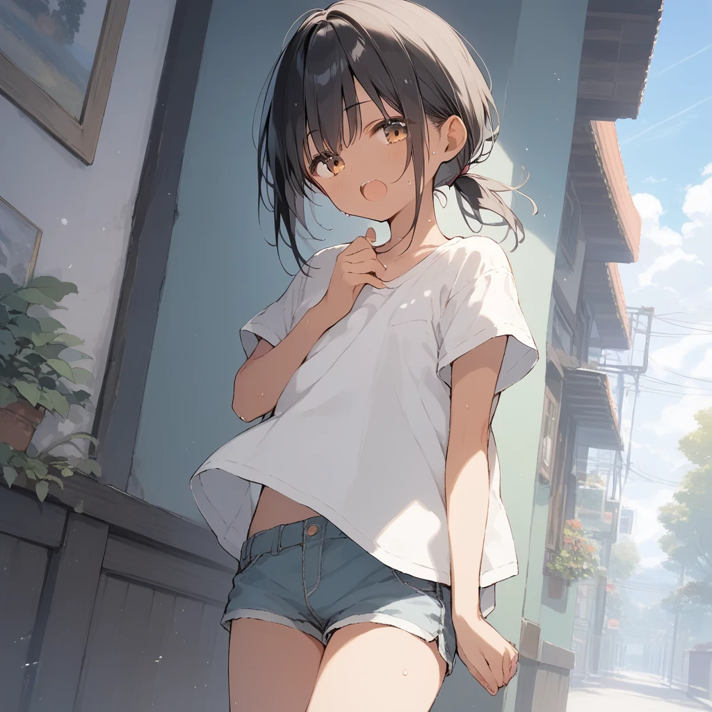 score_9, score_8_up, score_7_up, source_anime, best quality, masterpiece, official art, absurdres, highres, ultra-detailed,waifu2x,Collection: Slice of Life,break,1girl, tomboy, dark-skinned female, short hair, low ponytail, flat chest, beautiful detailed eyes, short shorts, sweat, open mouth, (yawn:0.3), sleepily, outdoors, wind, break,(clear line illustration:1.2),very high resolution, very aesthetic, super detailed skin, Best sexual lighting powered by famous artist, 8k,cute picture,beauty illustration,photoshop_(medium),,(Detailed Lighting),best anime 8k konachan wallpaper, pixiv contest winner,